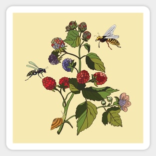 Botanical illustration a plant with berries and a wasp Sticker